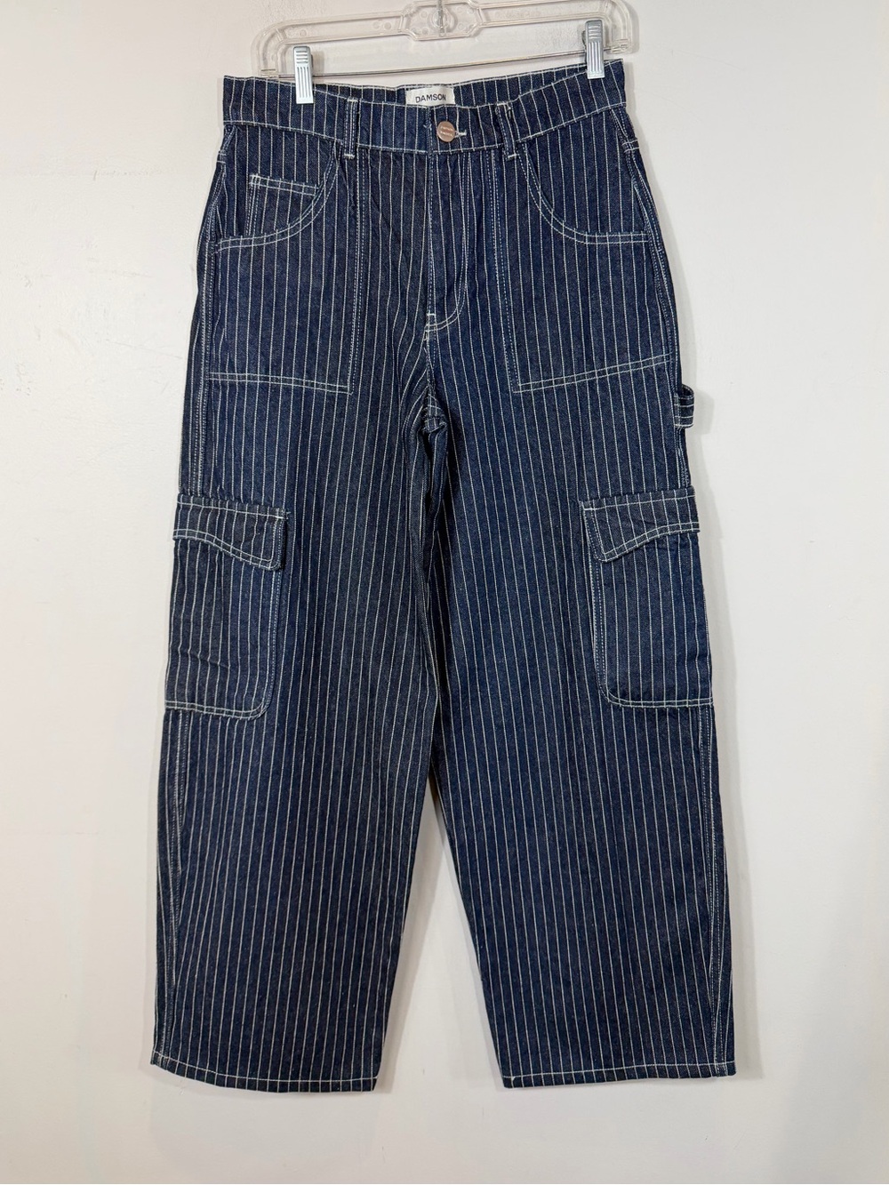 Damson Madder Pinstripe Carpenter Cargo Jeans Wide Leg Blue Size 10 - Picture 2 of 11